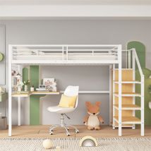 Fortuna Lai - Lit mezzanine 90x200cm, lit enfant avec table et armoire, échelle latérale, acier + mdf, blanc