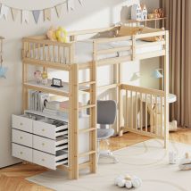 Hauss Spole - Lit mezzanine 90x200cm, lit enfant avec tiroirs et étagères de rangement, pin, lit simple, naturel + blanc
