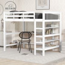 Lit mezzanine enfant 140x200cm - avec bureau, échelle, étagère de rangement, sommier à lattes en pin massif - Blanc