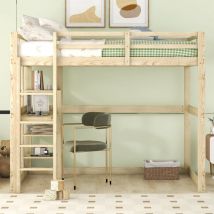 Lit mezzanine enfant 140 x 200 cm avec bureau + étagère de rangement, pin, antichute, sans matelas, pin, Naturel