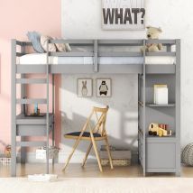 Lit mezzanine enfant 140x200cm, avec 6 tiroirs de rangement et bureau sous lit, sommier à lattes, gris