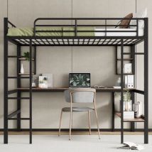 Lit mezzanine enfant 140x200cm, avec bureau et 4 petites étagères, 1 cloison pour rangement, escalier, cadre de lit en métal, lit ado style