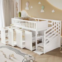 Lit mezzanine enfant 90x200cm avec bureau/penderie/étagères de rangement, escalier de rangement, pin+MDF, sans matelas, blanc
