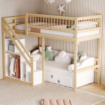 Hauss Spole - Lit mezzanine enfant 90x200cm, rangement ouvert sur escalier, armoire, lit simple, sans matelas, naturel