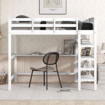 Lit mezzanine enfant 140 x 200 cm - avec bureau, échelle, étagère de rangement, sommier à lattes en pin massif - Blanc - Redom