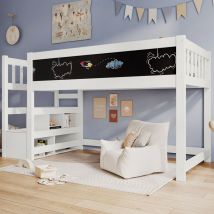 Lit mezzanine 90x200 cm, lit enfant avec tableaux dessiner, rangement et protection antichute, bois+MDF, blanc
