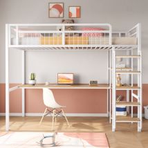 Lit mezzanine enfant, échelle de sécurité avec marches, table et étagères, 90x200 cm, blanc
