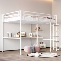 Lit mezzanine enfant, échelle de sécurité avec marches, table et étagères, 140x200 cm, blanc
