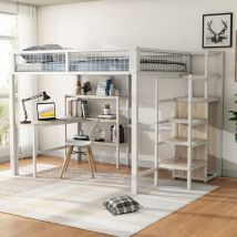 Lit mezzanine avec bureau, lit mezzanine 140x200 cm avec étagères, armoire intégrée, cadre de lit en fer, blanc
