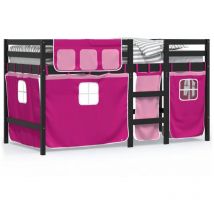 Lit mezzanine enfants et rideaux rose 90x190cm bois pin massif