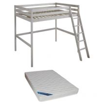 Lit mezzanine gedeon ii - 140 x 190 cm - Avec bureau - Pin massif - Blanchi + matelas