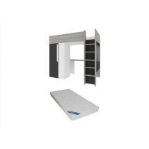 Lit mezzanine 90 x 200 cm avec armoire et bureau - Anthracite et blanc + matelas - nicolas ii