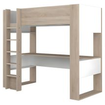 Lit mezzanine avec bureau et rangements intégrés - 90 x 200 cm - Chêne et blanc - noah ii