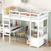Lit mezzanine enfant avec tiroirs de rangement et bureau sous lit, blanc, 90 x 200 cm