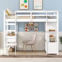 Lit mezzanine pour enfant - lit surélevé avec tiroirs de rangement, bureau et bibliothèque de rangement sous le lit - blanc 140x200cm