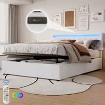 Lit double 160x200 cm, lit coffre avec télécommande 24 touches, usb et Type-C, lin, sans matelas, blanc
