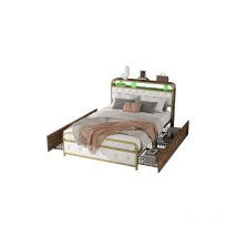 Ineasicer - Lit plat 140200cm, lit à cadre en fer, lampe de chevet équipée d'une prise usb, table de nuit avec tiroirs en fil métallique, tête et