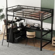 Lit plat 90x200 cm, lit à cadre en fer, tiroirs pratiques, bureau élégant en forme de L, design stratifié, noir