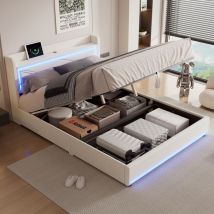 Okwish - Lit plat 160200cm, lumière d'ambiance au bout du lit, réglable par application, lit relevable et abaissé, port usb en tête de lit, grand