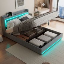 Okwish - Lit plat 160200cm, lumière d'ambiance au bout du lit, réglable par application, lit relevable et abaissé, port usb en tête de lit, grand
