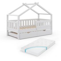 Lit cabane Design, Blanc, 80x160 cm avec lit d'appoint et matelas Vitalispa
