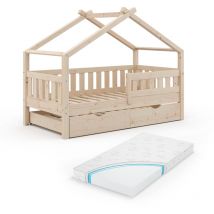 Lit cabane Design, Marron, 80x160 cm avec lit d'appoint et matelas Vitalispa