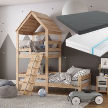 Vitalispa - Lit cabane Teddy, Marron, 90x200 cm avec 2 matelas