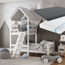 Lit cabane Teddy, Blanc, 90x200 cm avec 2 matelas Vitalispa