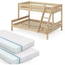 Lit superposé Everest, Naturel bois, 140x200 / 90x200 cm avec 2 matelas Vitalispa