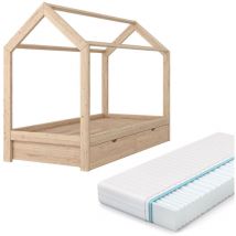 Vitalispa - Lit cabane Wiki, Marron, 90x200 cm avec 2 tiroirs et matelas