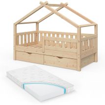 Lit cabane Design, Marron, 80x160 cm avec 2 tiroirs et matelas Vitalispa