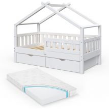 Lit cabane Design, Blanc, 80x160 cm avec 2 tiroirs et matelas Vitalispa