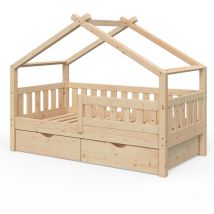 Lit cabane Design, Marron, 80x160 cm avec 2 tiroirs Vitalispa
