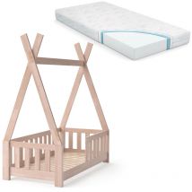 Lit enfant Tipi, Marron, 70x140 cm avec clôture et matelas Vitalispa
