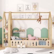 Lit enfant 90 x 200 cm, lit cabane avec 3 étagères de rangement, clôture de sécurité, naturel