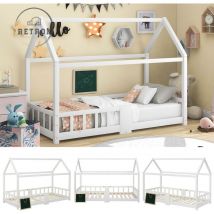 Lit 90x200cm maison pour enfants en bois -avec sommier à lattes protection contre les chutes - Blanc
