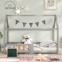 Lit 90x200cm maison pour enfants en bois -avec sommier à lattes protection contre les chutes - Gris