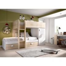 Dmora - Lit pour enfants Marmolada, Chambre complète avec armoire et tiroirs, Composition de lits superposés avec deux lits simples, 255x112h150 cm,