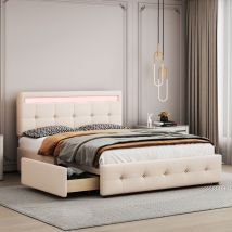 Lit rembourré 140 x 200 cm avec led, sommier à lattes et coffre de lit sur roulettes, lit simple avec tête de lit et 4 tiroirs, lit d'enfant et
