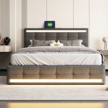 Sureh - Lit rembourré, 140 x 200cm, lit double avec 4 tiroirs et stations de chargement usb, lit pour adulte, lit à plateforme, cadre à lattes en