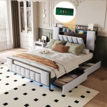 Lit rembourré 160200 cm, lit multifonctionnel avec lumière led, avec prise usb, avec tiroirs, cadre de lit en fer massif, lit jeune, lit adulte, lit