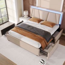 Lit rembourré 140x200 cm avec 4 tiroirs et bande led, tête de lit réglable, beige, matelas inclus