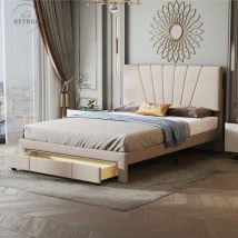 Lit rembourré 140x200cm, lit double avec sommier à lattes, dossier et grand tiroir, lit double doux pour la peau en tissu velours pour adultes et