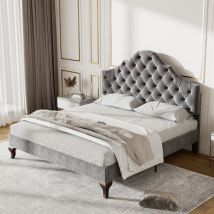 Modernluxe - Lit rembourré 140x200cm en velours avec tête de lit réglable + sommier à lattes - Gris
