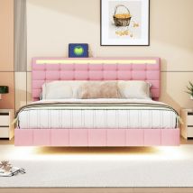 Lit rembourré 160 x 200 cm, cadre de lit flottant rembourré avec lumières LED et tête de lit design, lit d'appoint plat en lin rose doux pour la peau
