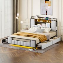 Lit rembourré 160200 cm, lit multifonctionnel avec lumière led, avec prise usb, avec tiroirs, cadre de lit en fer massif, lit jeune, lit adulte, lit