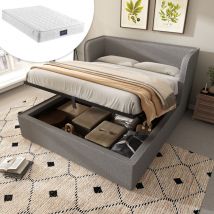 Lit rembourré 160×200, lit double à coffre hydraulique avec large dossier latéral et couvre-sommier amovible, cadre de lit avec sommier à lattes et