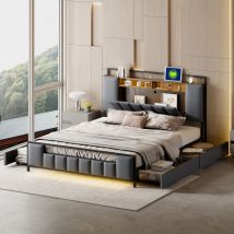 Lafomukea - Lit rembourré 160x200 cm, lit multifonction avec lumière led, avec prise usb, avec tiroirs, cadre de lit en fer massif, lit jeune, lit