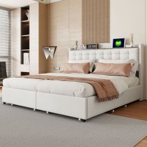 Lit rembourré 160x200 cm, table de nuit avec prise de charge usb et tablette, lit double plat avec 4 tiroirs, tissu lin beige