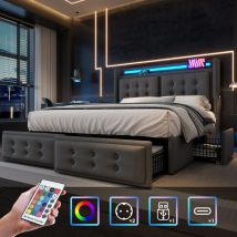 Lit rembourré 160x200, lit double avec tête de lit LED et fonction de chargement USB C et 4 tiroirs, lits coffre avec sommier à lattes en bois et